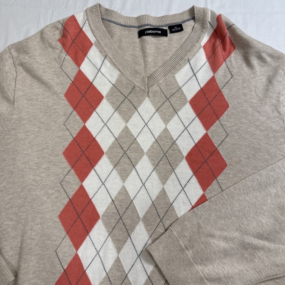 SWEATER MENS XL Claiborne‎ Argyle BEIGE FALL COLORS V-Neck Preppy